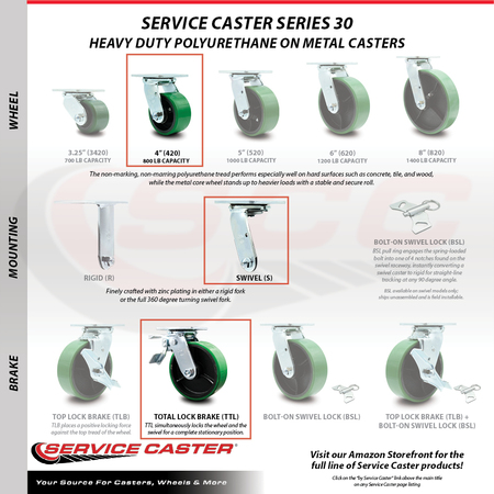 Service Caster 4 Inch Green Poly on Steel Caster Set with Roller Bearing and Total Lock Brake SCC-TTL30S420-PUR-GB-4
